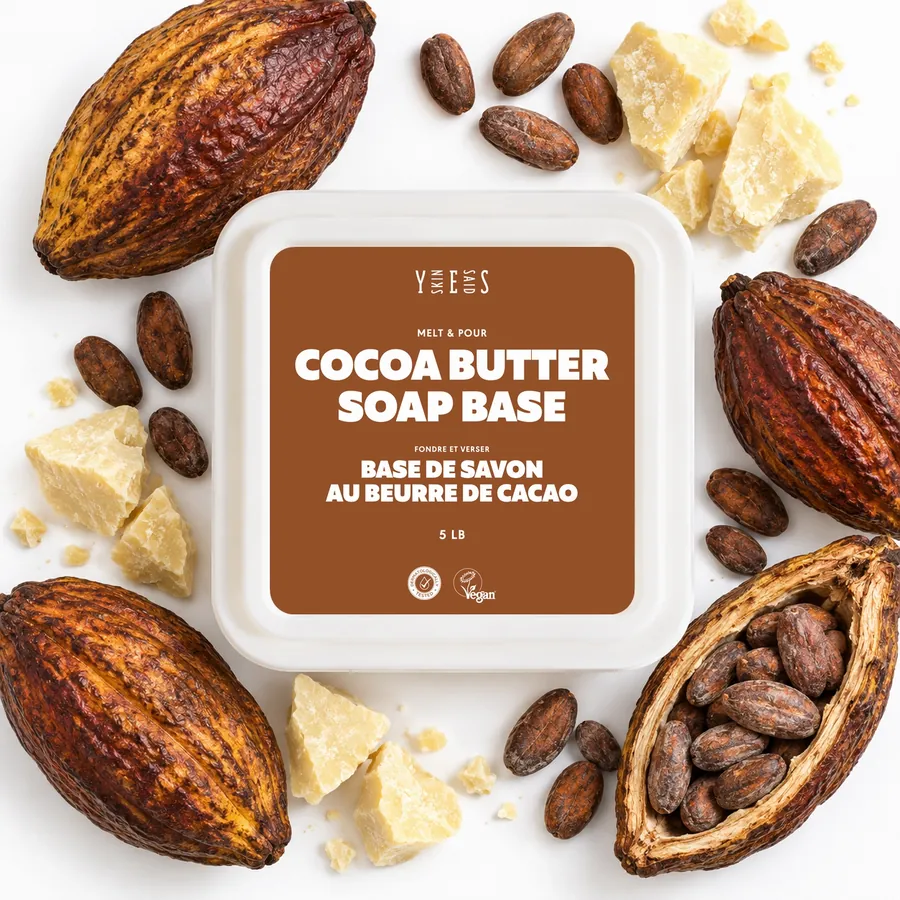 Cocoa butter soap base tub from above, with cocoa pods, beans and cocoa butter