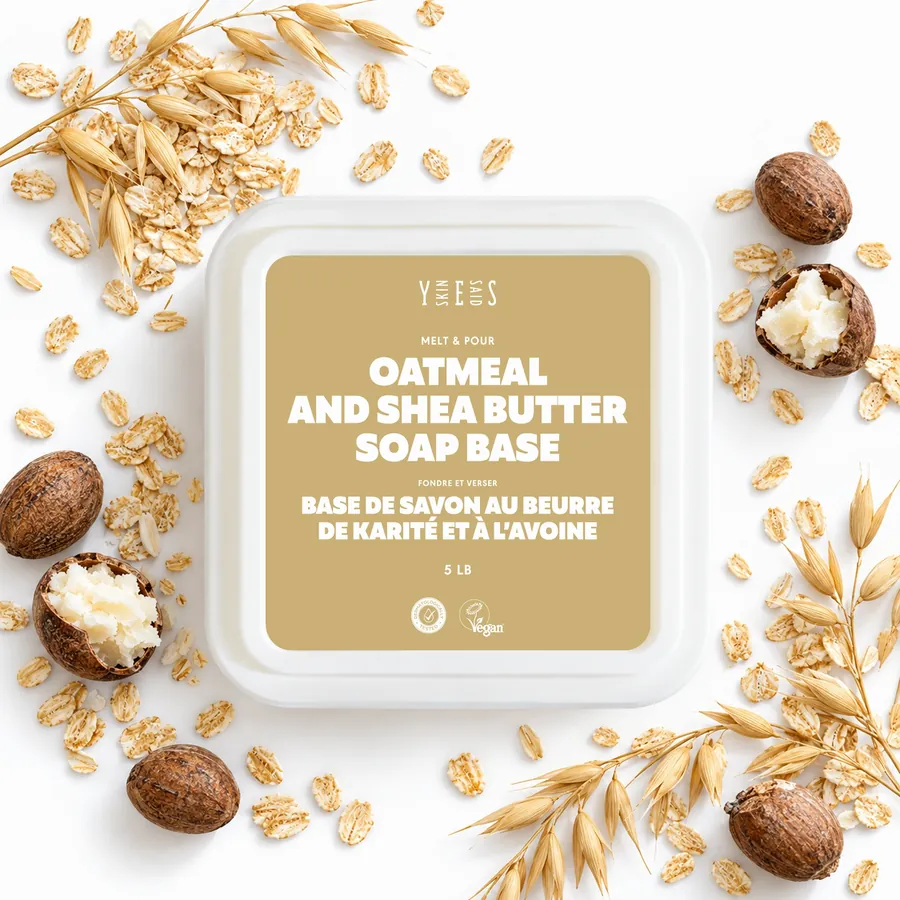 Oatmeal and shea butter soap base tub from above, with oat flakes, oat ears and shea nuts