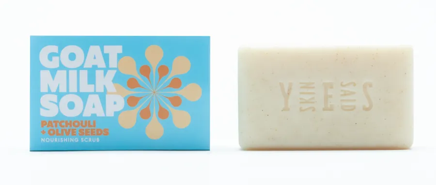 Patchouli + Olive Seeds goat milk soap box and bar