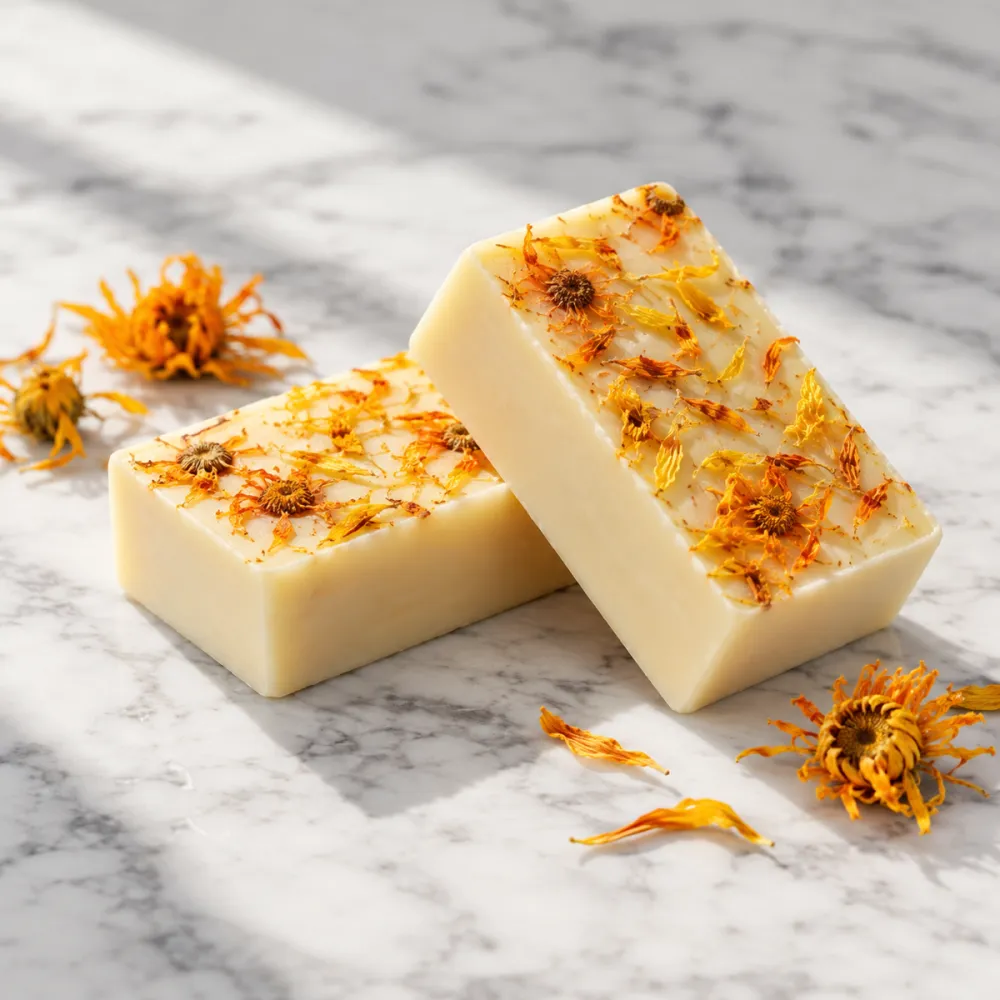 Cream soap bars topped with dried calendula petals