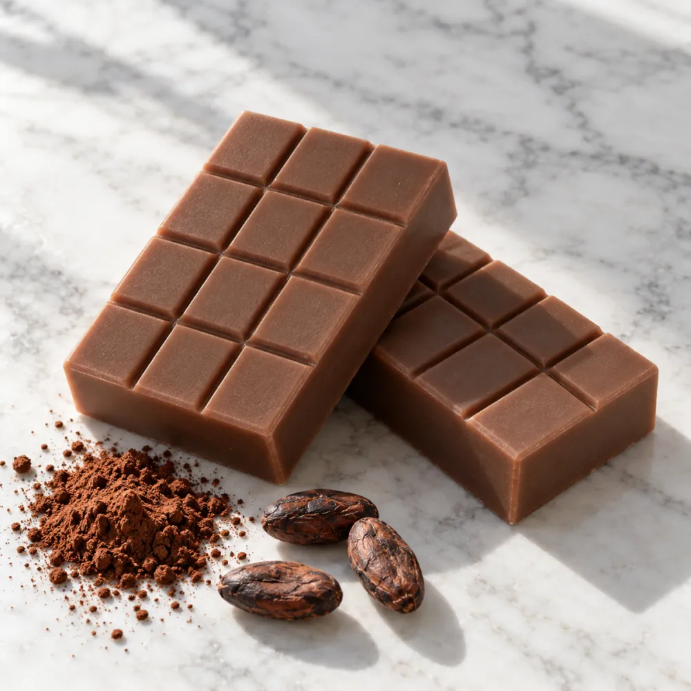 Cocoa brown soap bars with a chocolate-bar grid on top