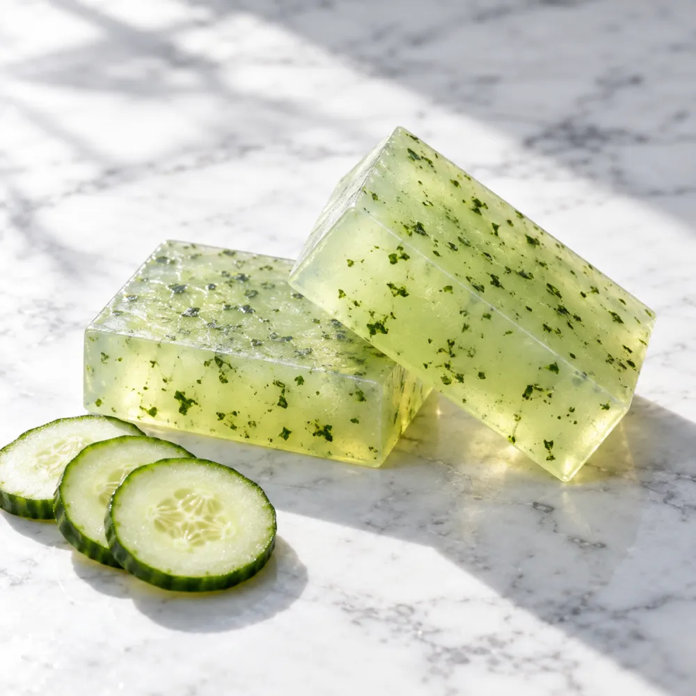 Pale green semi-clear soap bars with cucumber specks