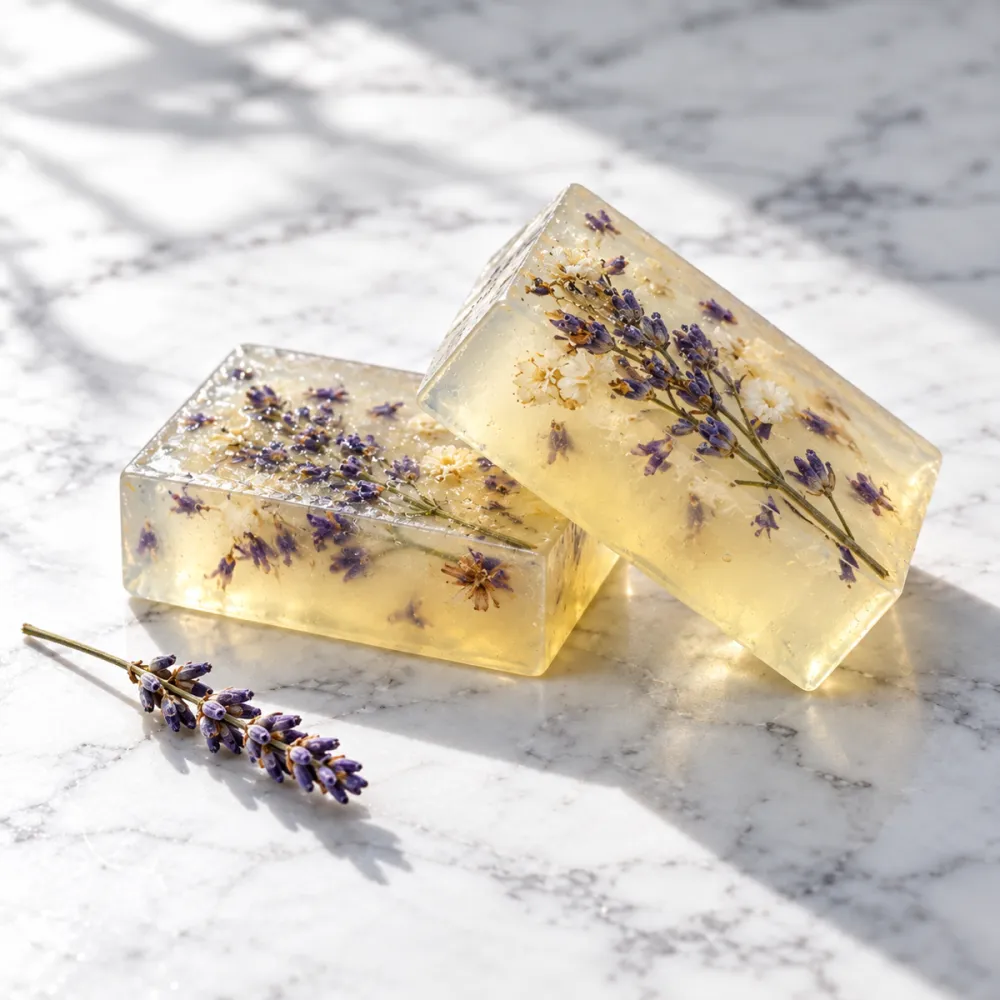 Clear soap bars with dried lavender set inside