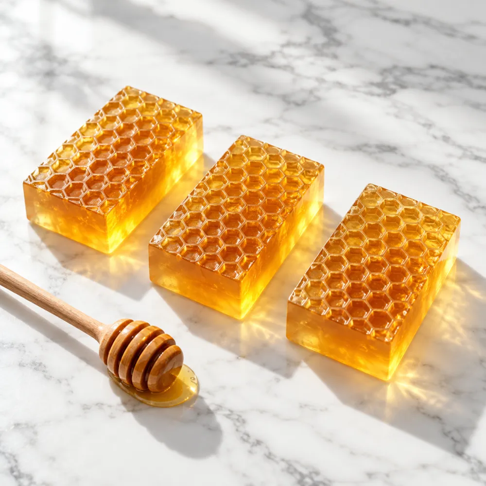 Golden honey soap bars with a honeycomb pattern on top