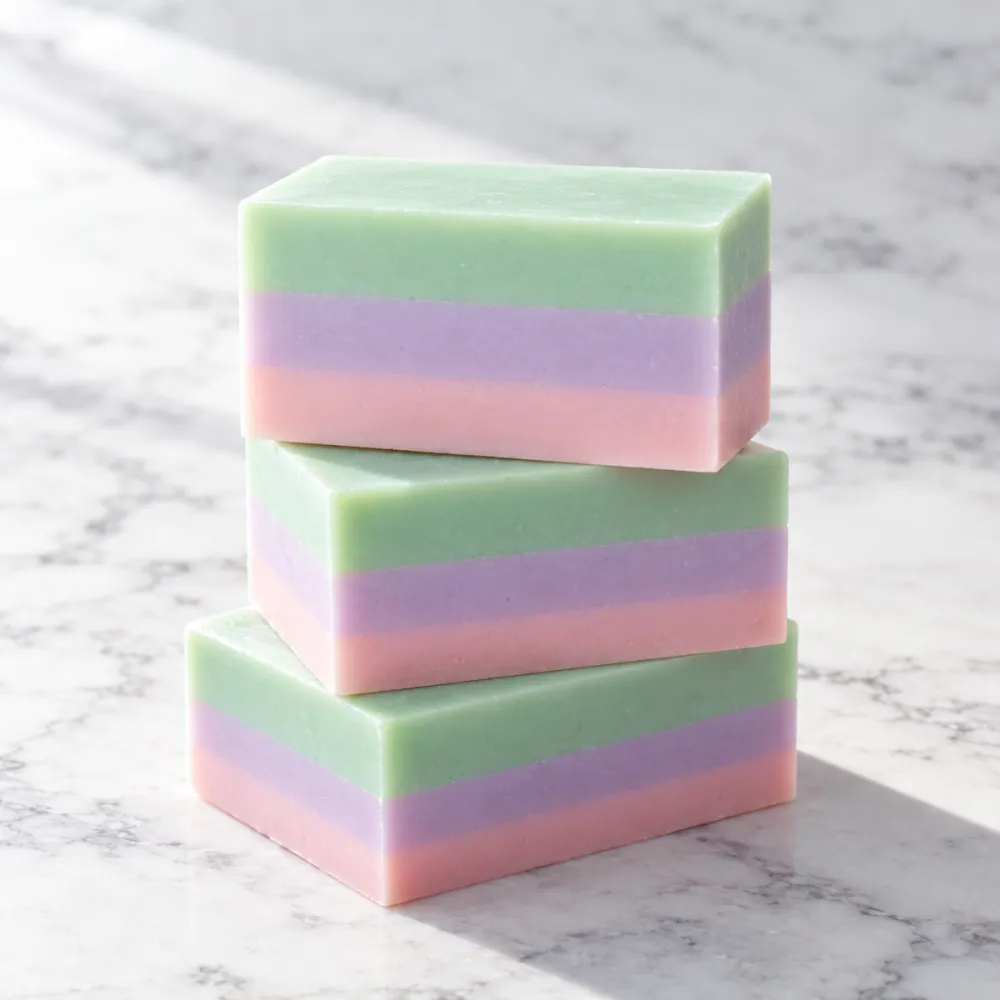 Melt and pour soap bars in three clean pastel layers