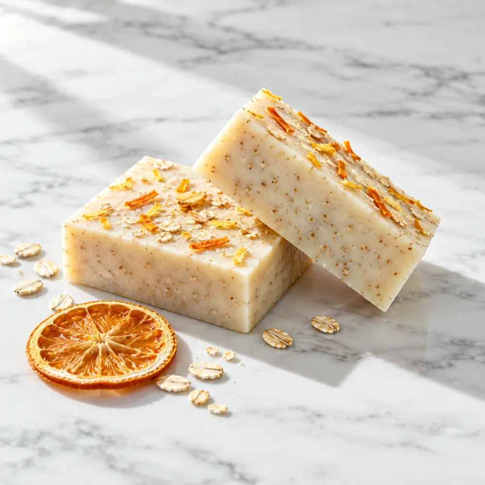 Off-white soap bars flecked with oatmeal and citrus zest