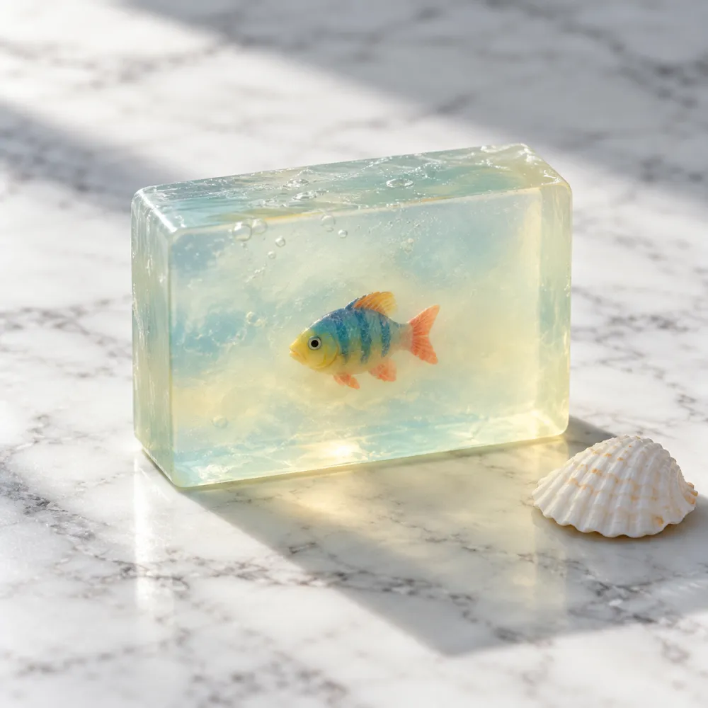 A clear soap bar with a small toy fish inside