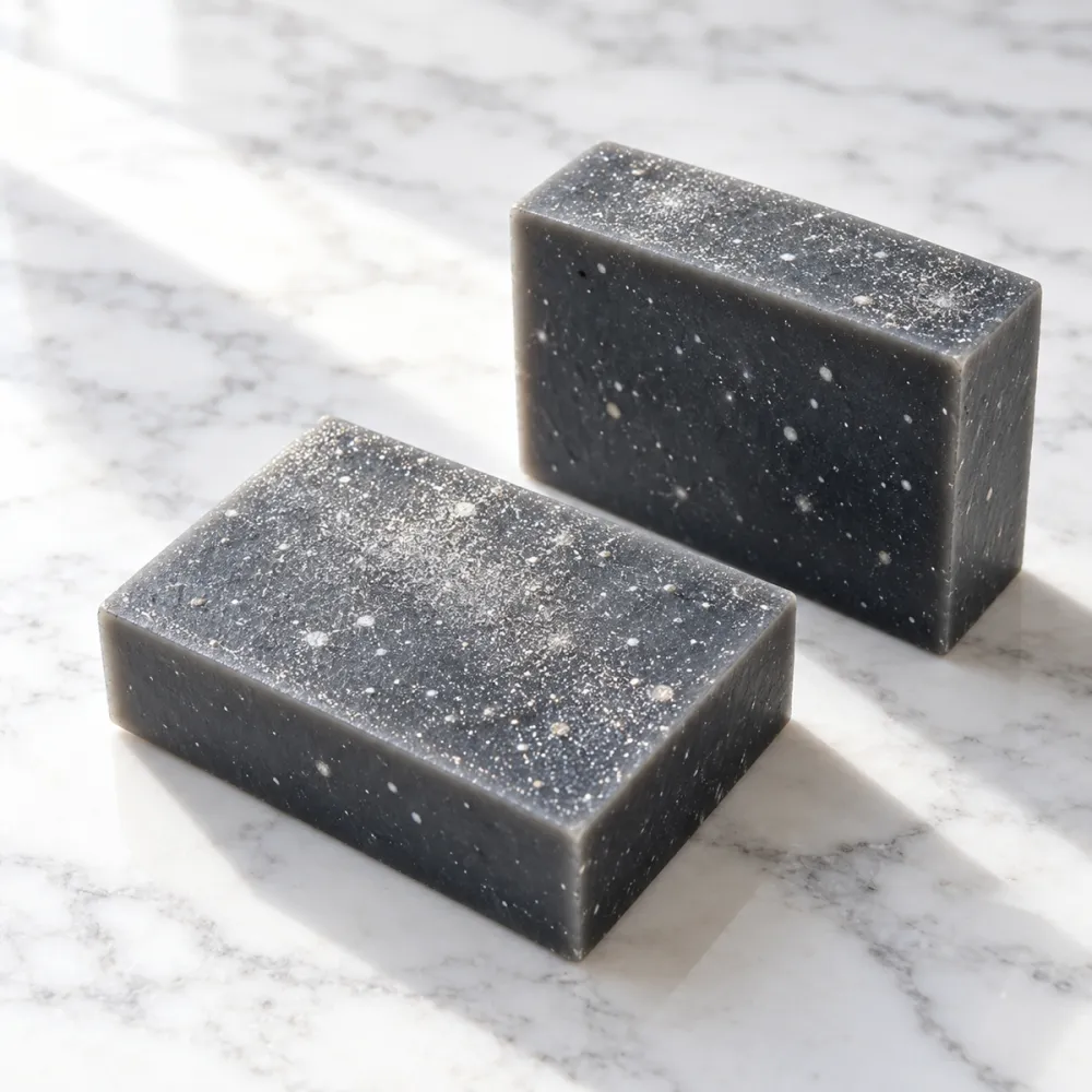 Charcoal grey soap bars with white specks and a silver shimmer