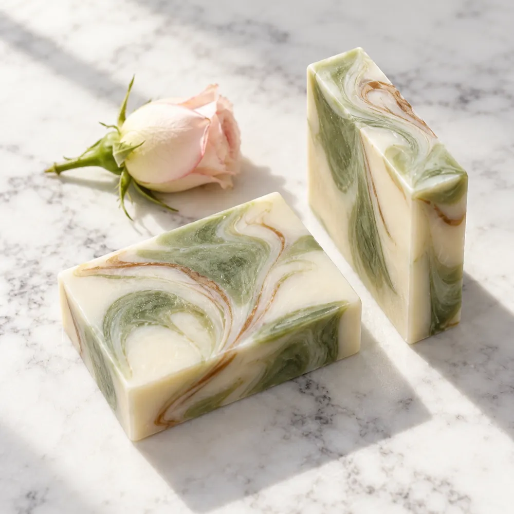 White melt and pour soap bars marbled with green