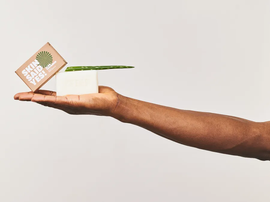 Hand holding a soap bar, an aloe leaf and the green-ink carton