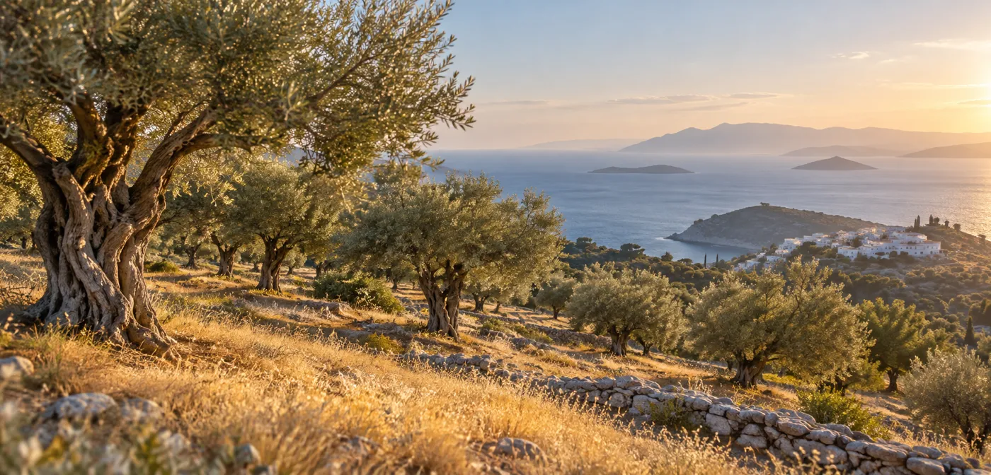 Olive grove on a Greek hillside above the Aegean Sea at golden hour